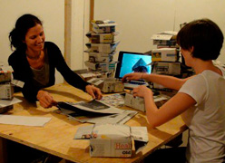 Rebecca Kinsey and Hannah Lamar Simmons working together as paperJAM in Brooklyn