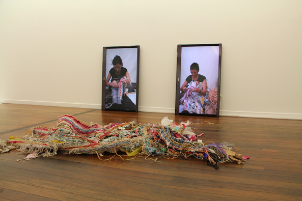 Rebecca Kinsey, Labour, 2013-14. Installation view. digital videos and woven object