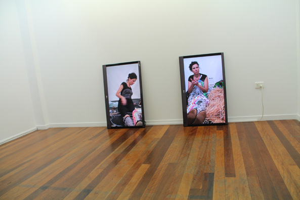 Rebecca Kinsey, Labour, 2013-14. Installation view. digital videos and woven object